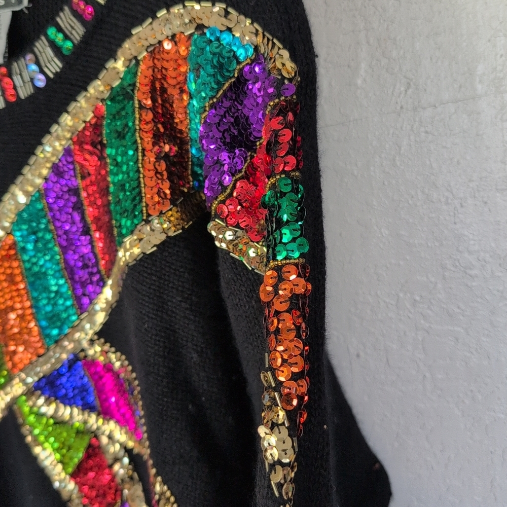 VTG Marnie West Sweater M Black Sequins Shoulder Pads Glam Indie Whimsy Granny - Picture 6 of 11